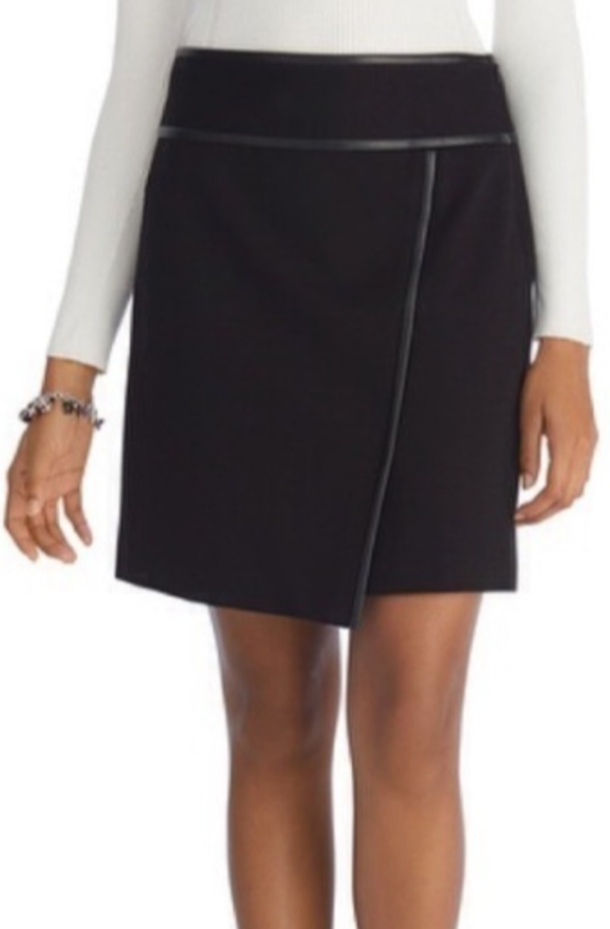 White House Black Market Black Leather Trim Wrap Skirt Size 2